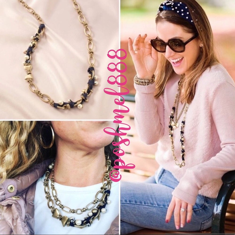 Stella & Dot | The French Twist Long Navy + Gold Link Ribbon Pearl Neckl…